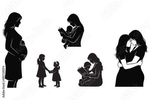 Silhouettes of mother and child in various emotive poses