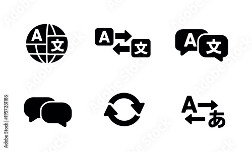 Set of black translation and language icons showing multilingual symbols, chat bubbles, globe, arrows, and sync interface elements on white background