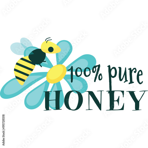 100 percent pure honey icon. Vector sticker, label or logo with headline text, bee and flower design isolated on white background