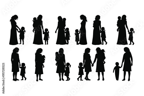 Silhouettes of mothers and children in various poses and interactions