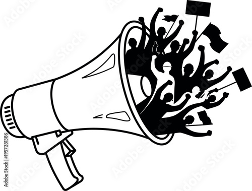 Black and white illustration featuring a stylized megaphone amplifying a passionate crowd of protesting silhouettes with raised fists and powerful demonstration signs.