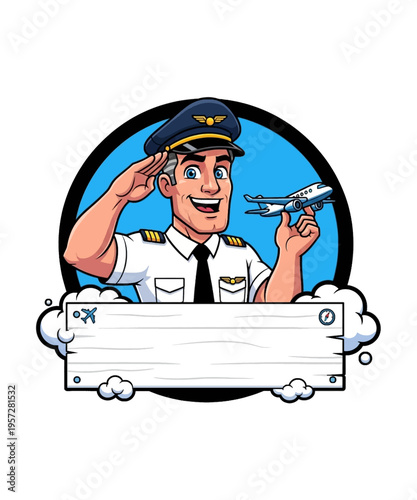 Cheerful cartoon airplane pilot gives a salute while holding a miniature jet model above a sign