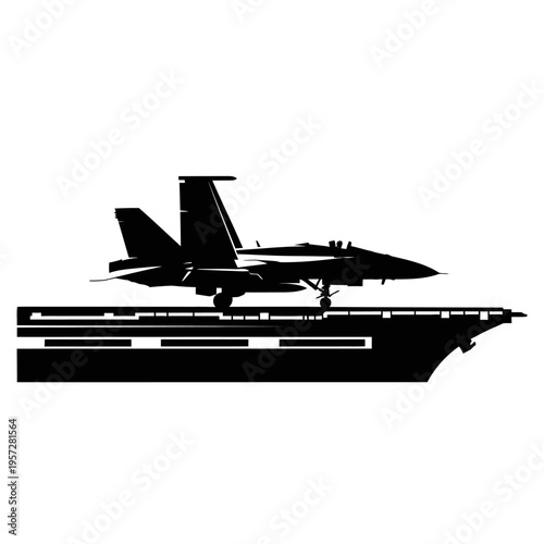 Silhouette of a Fighter Jet on Aircraft Carrier Deck Ready for Takeoff.