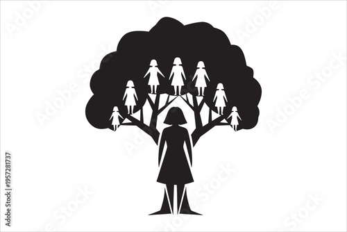 Silhouette of a girl standing before a tree with multiple human silhouettes