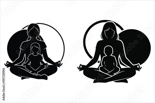 Mother and child meditating in yoga poses