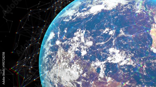 Glowing Blue Earth with Global Digital Plexus Network and Data Waves, Futuristic Technology Planet Background Loop