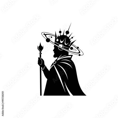 Silhouette of a King with Cosmic Crown and Scepter.