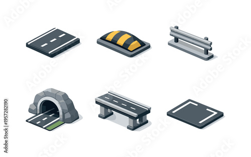 Isometric road infrastructure elements set with asphalt segments, speed bump, guardrail, tunnel entrance, elevated bridge piece, and parking pad