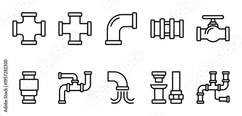 A collection of clean, black and white line art icons representing various plumbing pipe fittings and valves, perfect for technical diagrams and design projects.