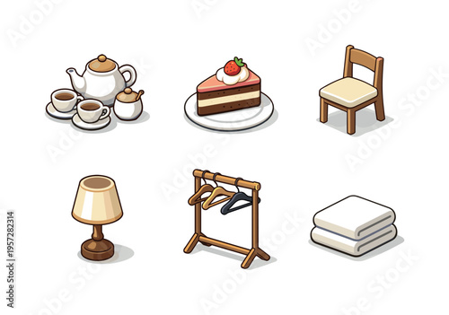 Collection of cozy home and cafe items including tea set, slice of strawberry cake, wooden chair, table lamp, clothes rack with hangers, and folded towels