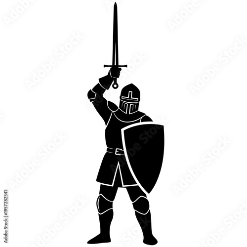 Silhouette of a Medieval Knight Raising Sword in Victory.