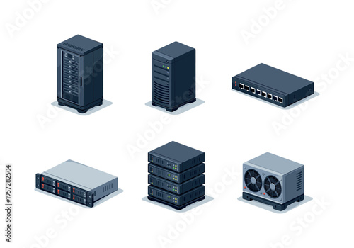 Isometric collection of network servers, rackmount storage units, and Ethernet switch devices for data center infrastructure and IT hardware setup
