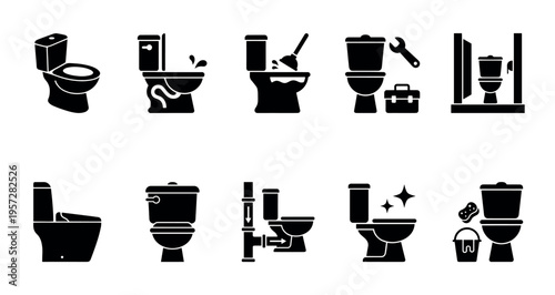 A collection of black silhouette icons depicts various toilet functions, plumbing scenarios, maintenance, and cleaning activities for a bathroom.