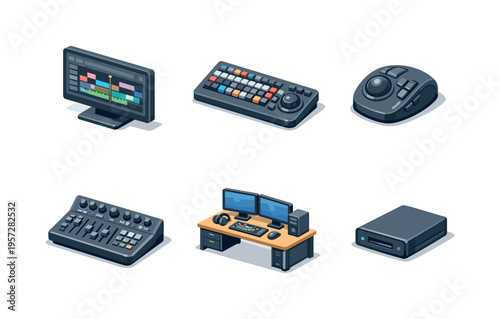 Isometric set of video editing and post-production hardware including monitor, control panel, trackball mouse, audio mixer, workstation desk, and media drive