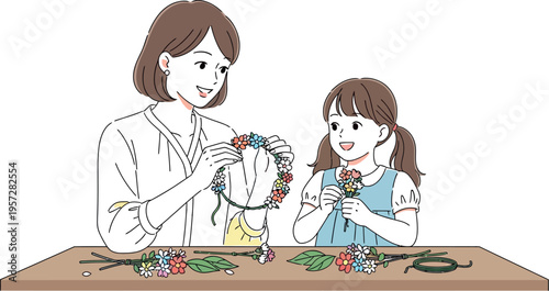 Mother and daughter happily creating colorful floral head wreaths together during quality bonding time at a craft table.