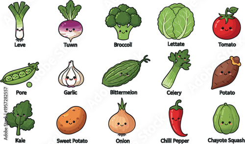 Cute vegetables set with labeled cartoon characters broccoli tomato garlic onion and leafy greens healthy food vector illustration