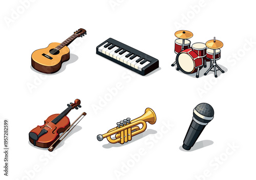 Set of illustrated musical instruments including guitar, keyboard, drum kit, violin, trumpet, and handheld microphone on white background