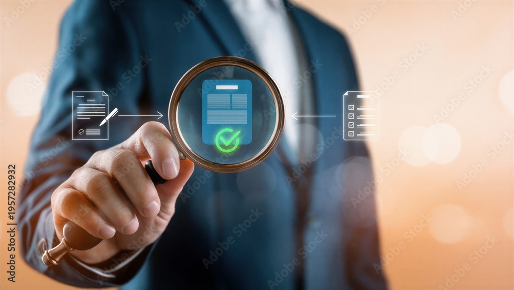Fototapeta premium Business professional reviewing and approving digital documents with magnifying glass interface, representing document verification, approval workflow, DMS system, compliance audit, process control.