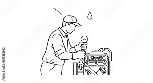 Mechanic wearing a cap and gloves uses a wrench to repair an engine component while observing a leaking fluid drop from above.