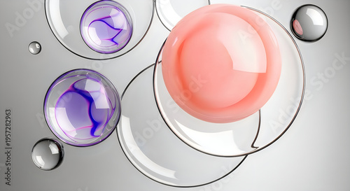 Abstract composition featuring colorful translucent bubbles with reflections on a neutral background high-quality professional detailed