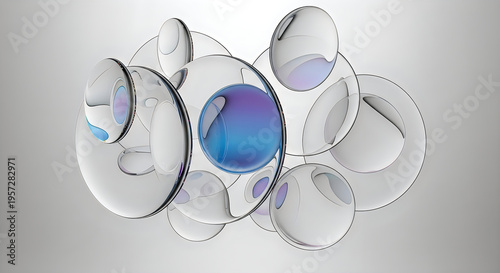 Abstract composition of translucent overlapping bubbles in shades of blue and white high-quality professional detailed