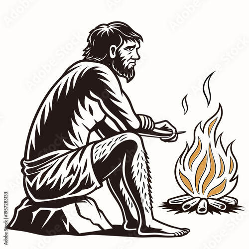 A black and white illustration of a caveman sitting by a campfire roasting meat on a stick