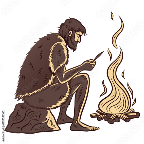 Caveman sitting by campfire and sharpening a stone tool