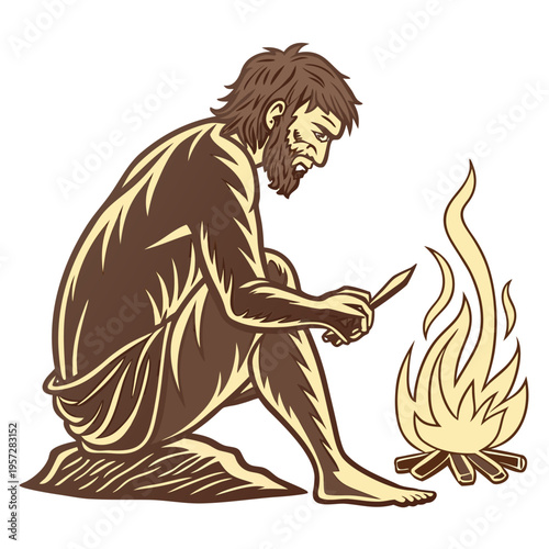 Caveman sitting by campfire with a sharp stone tool