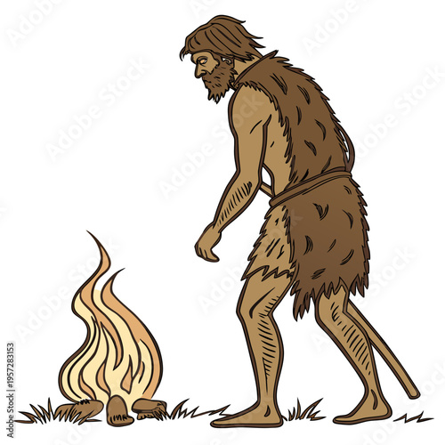 A caveman standing next to a fire