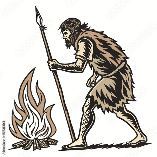 A caveman holding a spear standing next to a campfire
