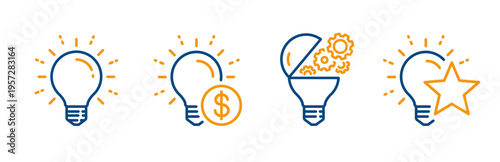 Lightbulb icons, icon set of dollar with electric lamp, open light bulb with gears, best idea, linear editable symbols