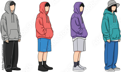 Modern faceless characters wearing hoodies streetwear fashion set casual outfits urban style illustration collection trendy youth clothing poses minimal design