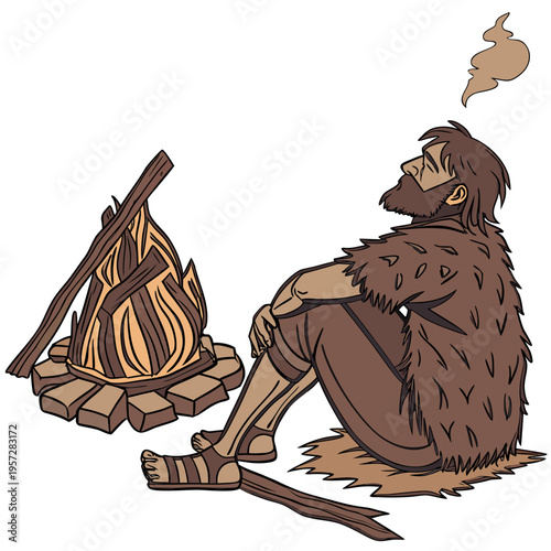 Caveman sitting by a campfire looking up at smoke