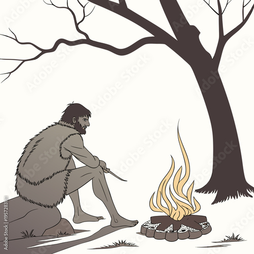 Ancient caveman sitting by a campfire under a tree