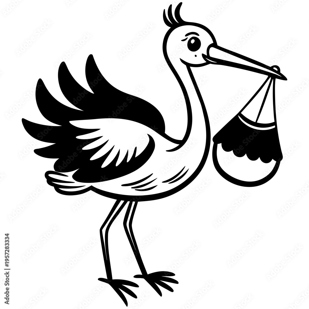 Fototapeta premium “Stork Carrying Baby Bundle Newborn Delivery Cute Line Art Vector Illustration”