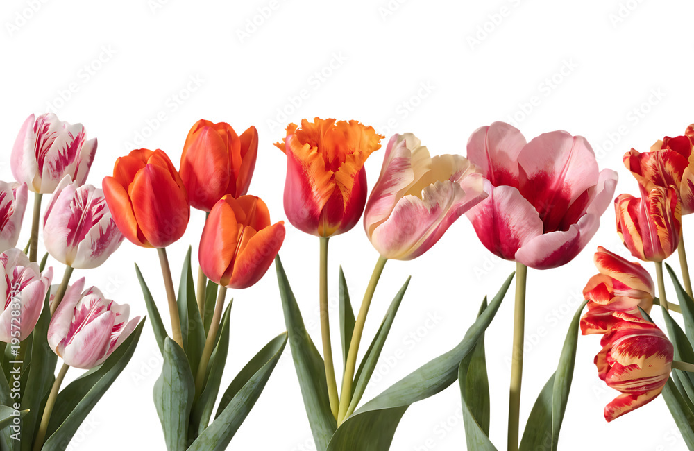 Fototapeta premium A vibrant assortment of colorful spring tulips featuring various petal shapes and unique patterns