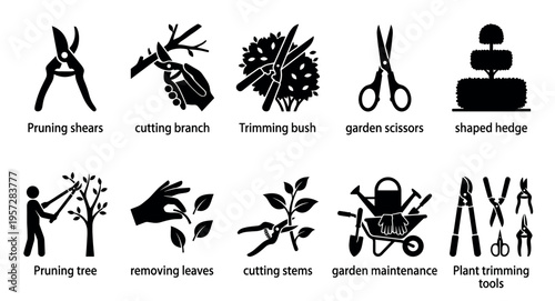 Collection of black silhouette icons depicting various gardening activities and tools, including pruning, trimming, and maintenance, ideal for illustrating horticultural concepts.