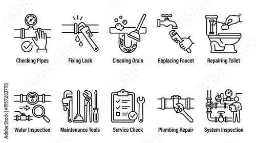 A collection of clear line art icons depicting various plumbing tasks and services including checking pipes, fixing leaks, cleaning drains, and system inspections.