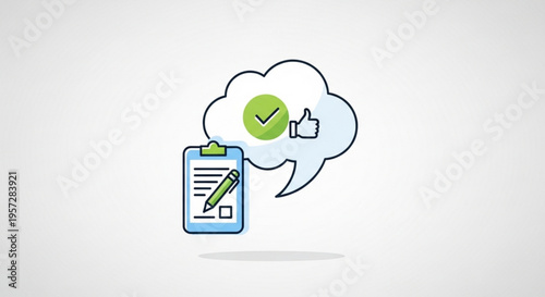 Checklist with green checkmark and thumbs up in speech bubble symbolizing approval and confirmation