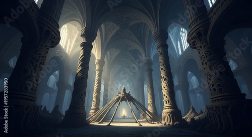Dark fantasy interior with ancient pillars.