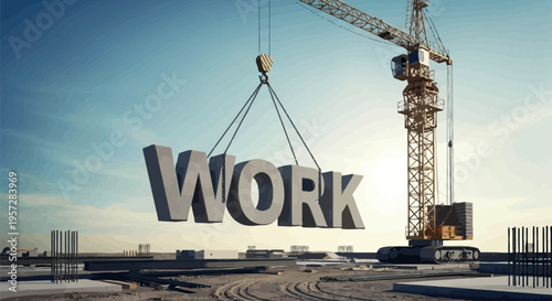 Tower crane lifting massive concrete letters spelling the word work at a bright construction site during sunrise or sunset.