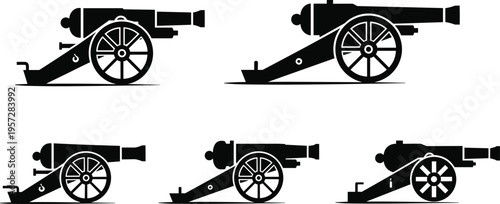Historic cannon silhouettes vector illustration design, antique artillery military history branding art concept, black and white decorative creative collection