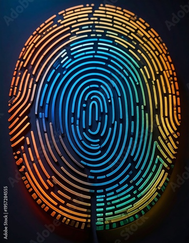 Circular, colorful fingerprint graphic
