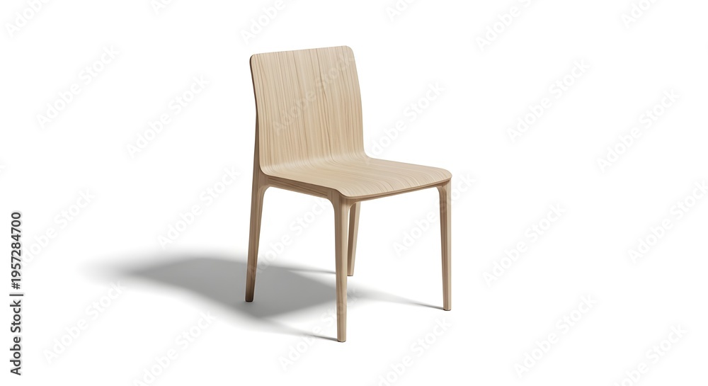 Obraz premium Stylish modern wooden chair with a minimalist design crafted from light wood on a pristine white background.