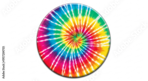 Vibrant tie dye circle pattern with rainbow colors and white accents on a plain white background for design and artistic use