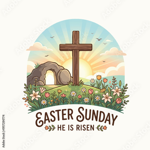 Easter Sunday Concept with Christian Cross, Empty Tomb, and Spring Flowers in Flat Vector Style