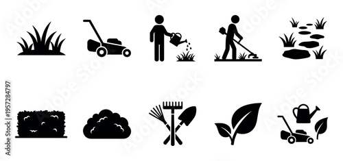 A collection of black vector icons depicting various gardening activities and elements, including lawn mowing, watering plants, and garden tools on a white background.