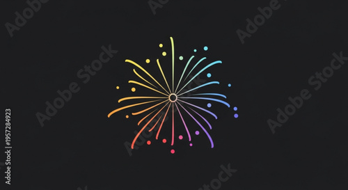 Vibrant rainbow colored firework explodes in night sky with colorful sparks on black background celebration and festivity concept