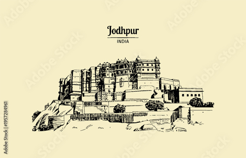 Jodhpur Mehrangarh Fort Sketch on Rocky Outcrop India palace