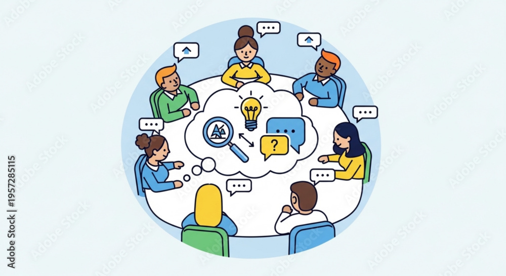 Fototapeta premium Diverse group of people brainstorming ideas in a meeting with a lightbulb and speech bubbles